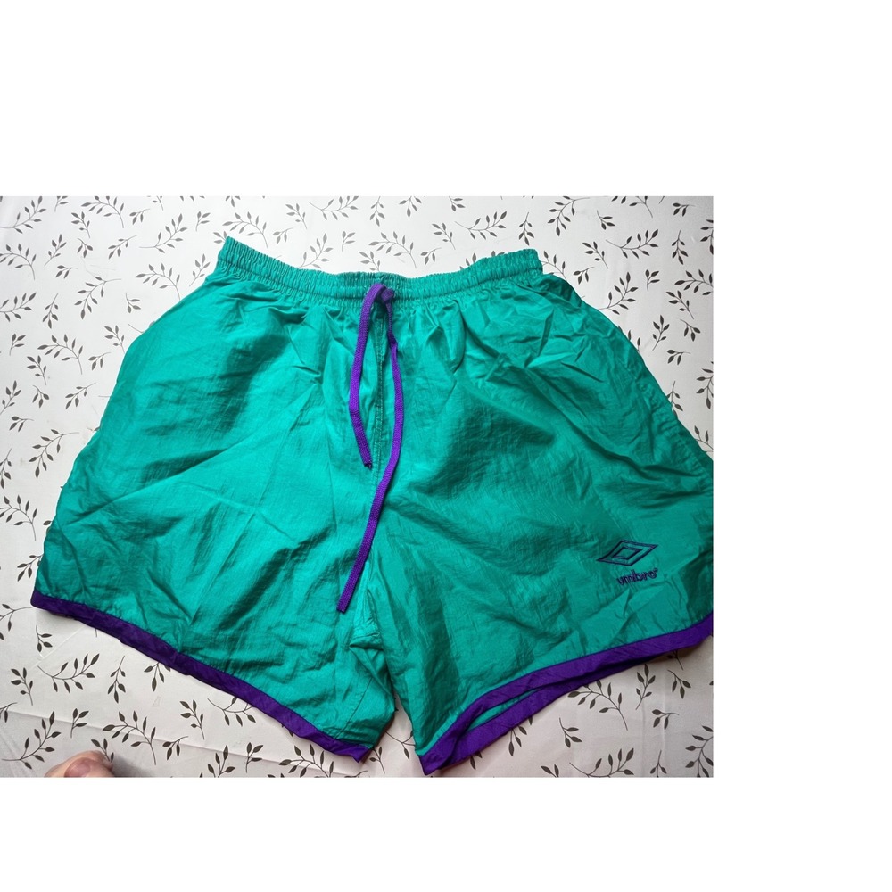 Vintage Umbro Nylon Soccer Shorts Mens Large Teal Green Purple Made in USA 90s